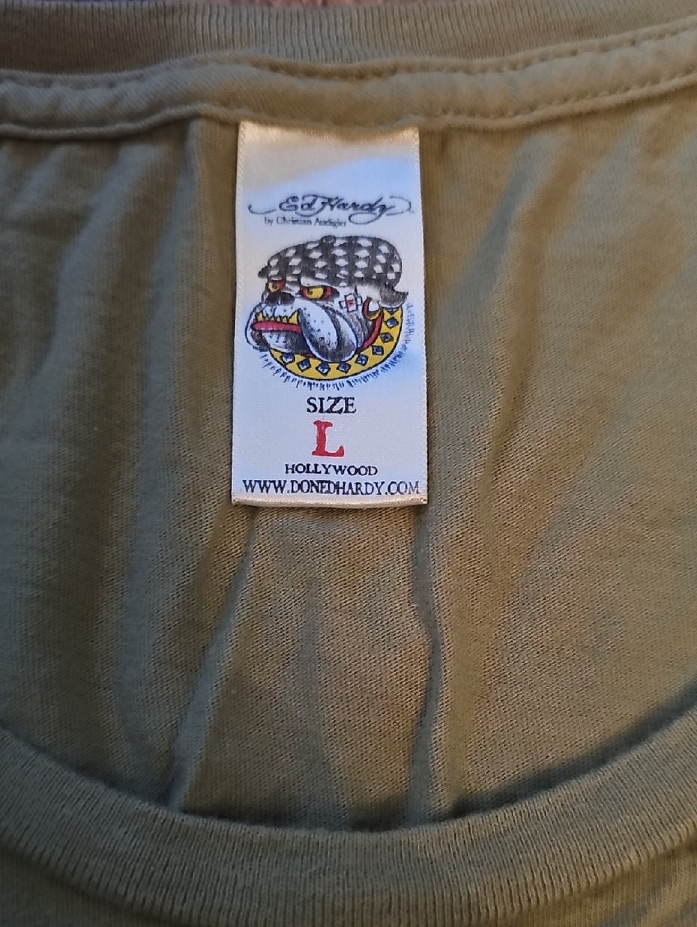 Ed Hardy Olive Tee with Purple Rose and Red Heart Graphic - Picture 3 of 7